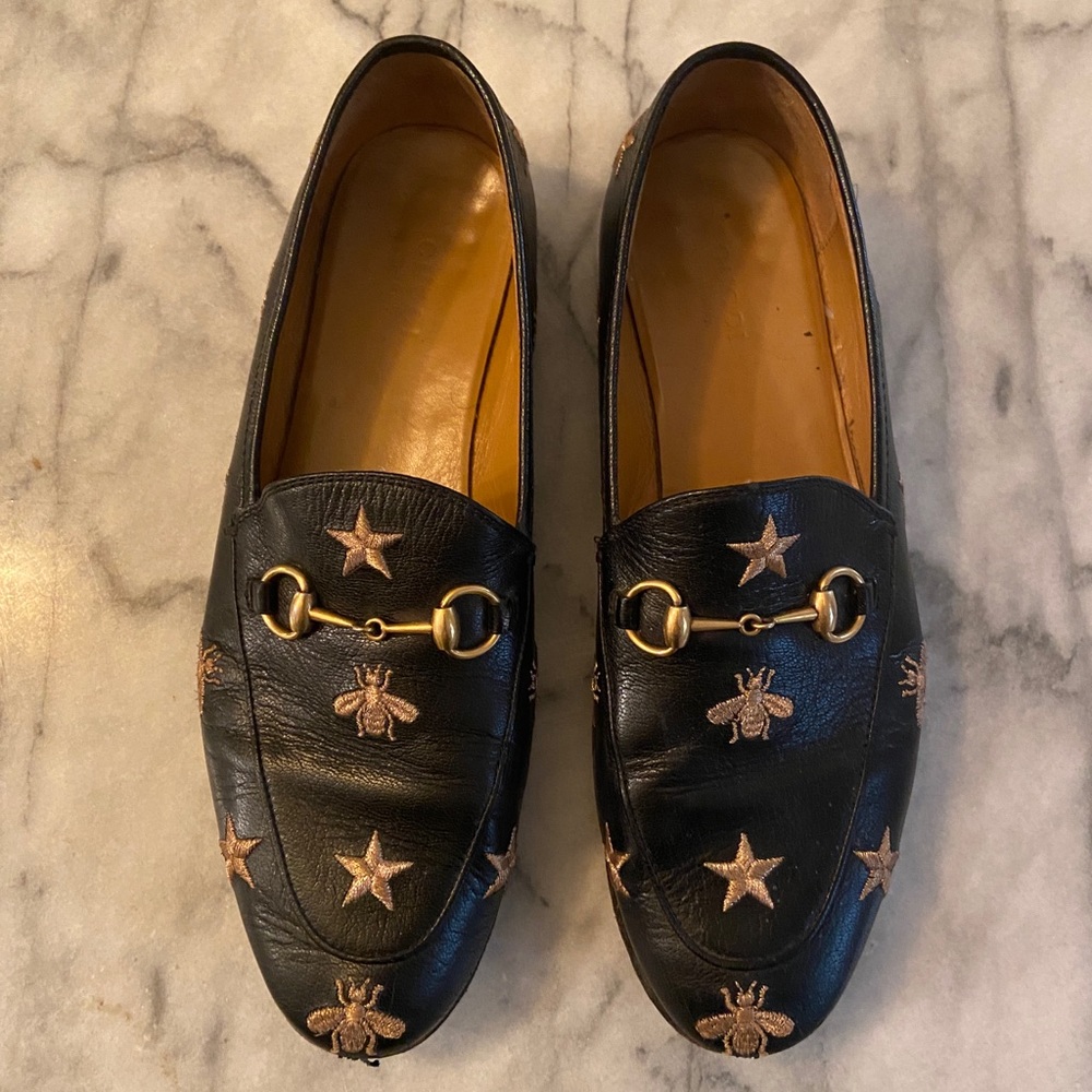 Gucci Black Leather Embroidered Horsebit Loafers